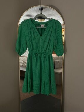 Eyelet V-Neck Mini Dress with Tie in Green